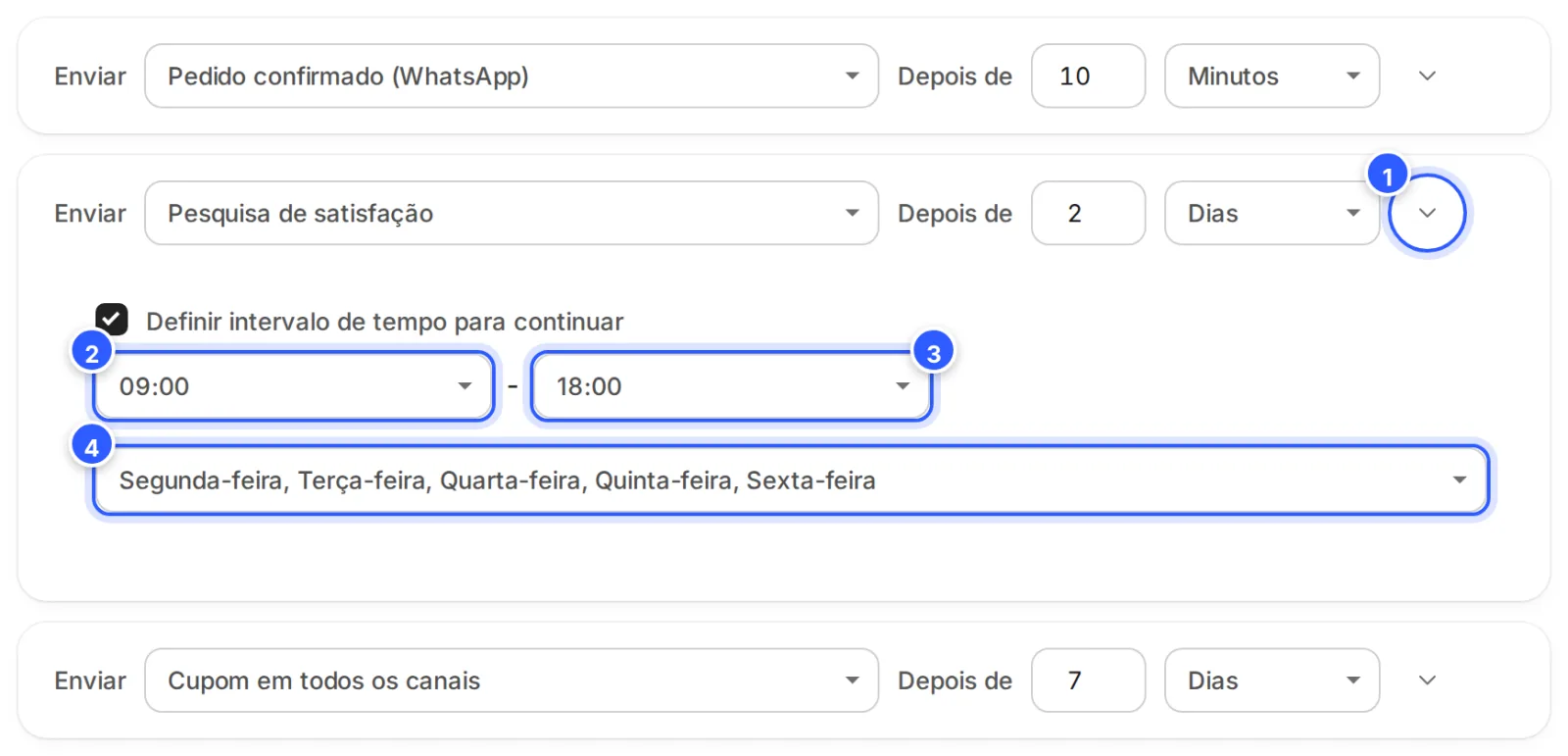 Mensagem da sequência aberta pela seta, com Definir intervalo de tempo para continuar marcado: das 09:00 às 18:00, de segunda a sexta-feira.