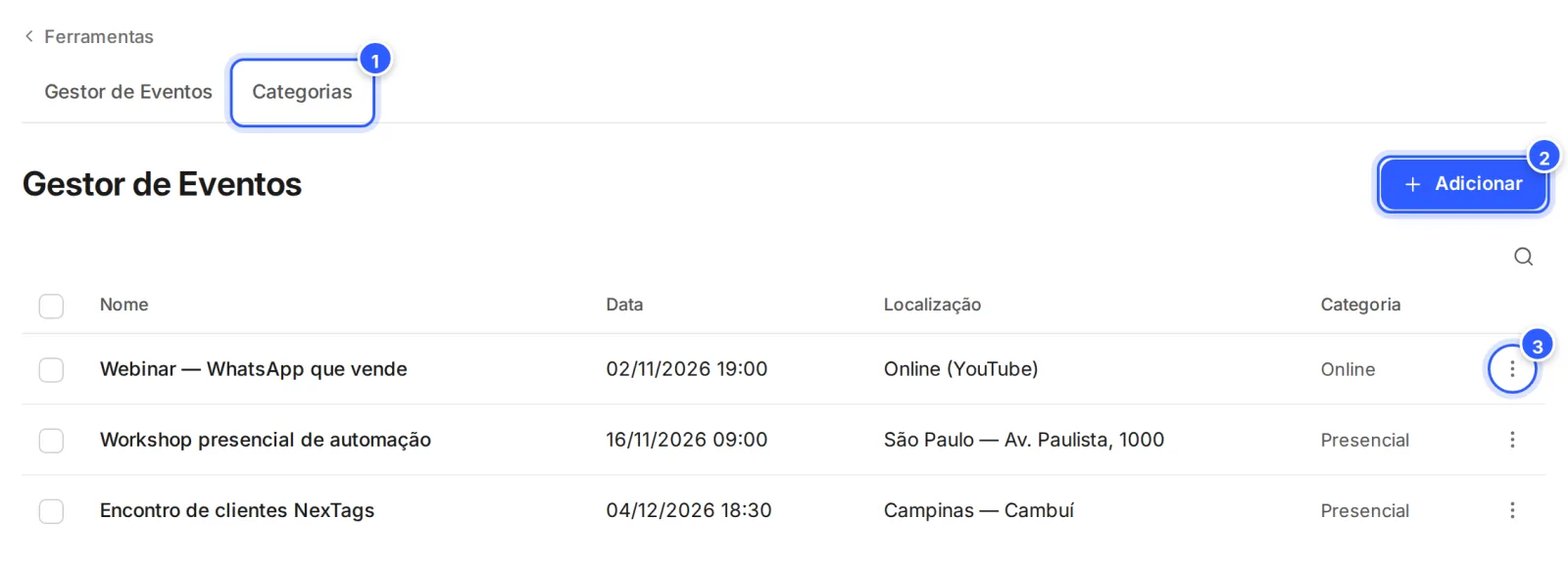 Lista Gestor de Eventos com a aba Categorias, o botão Adicionar, as colunas Nome, Data, Localização e Categoria e o menu de três pontos.