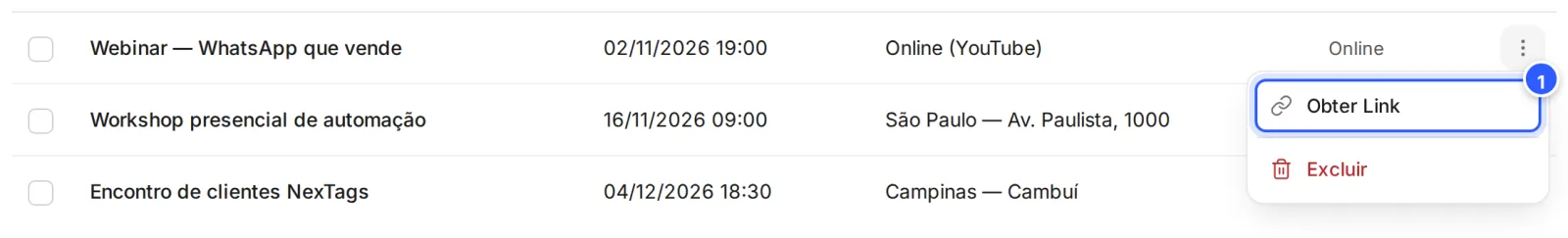 Menu de três pontos de um evento aberto, com Obter Link e Excluir.