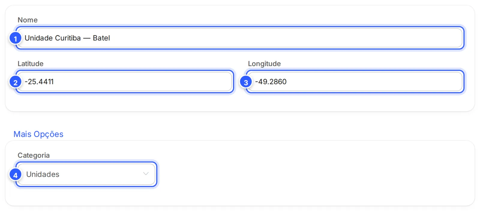 Editor de um local novo: Nome Unidade Curitiba — Batel, Latitude, Longitude e, em Mais Opções, a Categoria Unidades.