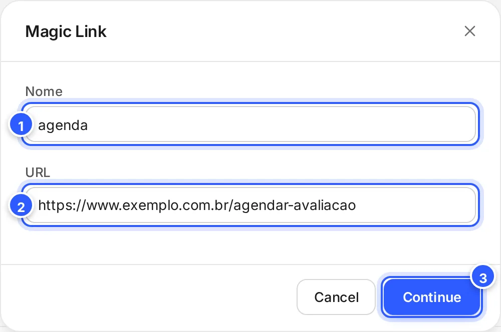 Janela Magic Link de um link que já existe: o Nome agenda, que não muda mais, e a URL trocada por um novo destino.
