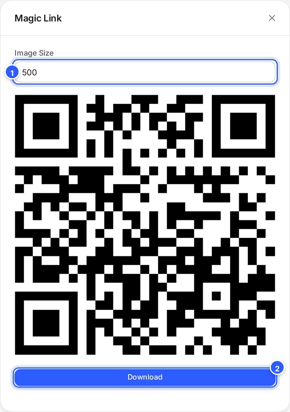 Janela Magic Link com Image Size 500, o QR Code do link fixo e o botão Download.