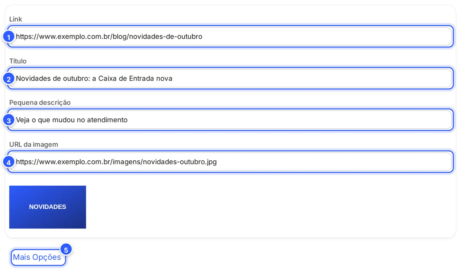 Editor de uma notícia nova: o Link da página, o Título, a Pequena descrição e a URL da imagem, com a prévia da imagem, e o link Mais Opções.