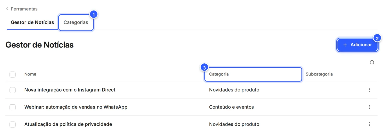Lista Gestor de Notícias com a aba Categorias, o botão Adicionar e as colunas Nome, Categoria e Subcategoria.