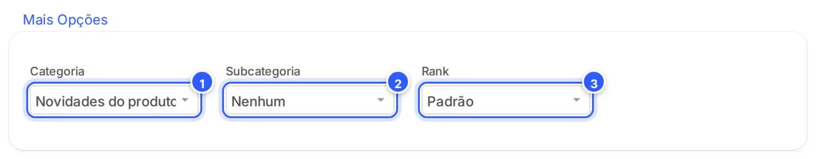 Mais Opções da notícia aberto: Categoria Novidades do produto, Subcategoria e Rank.