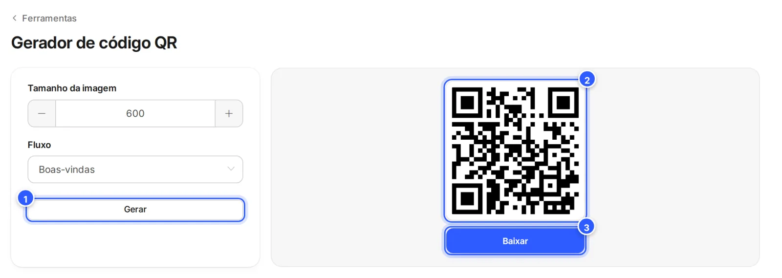 Gerador de código QR com o fluxo Boas-vindas escolhido, o botão Gerar e, à direita, o QR Code gerado com o botão Baixar.