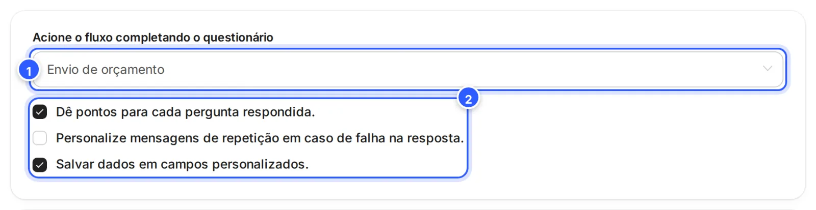 Topo do editor do questionário: o fluxo Envio de orçamento em Acione o fluxo completando o questionário e as opções de pontos, mensagens de repetição e campos personalizados.
