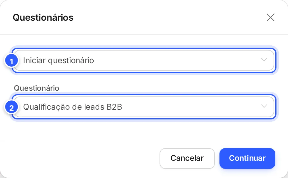 Ação Questionários num fluxo: Iniciar questionário escolhido e, embaixo, o questionário Qualificação de leads B2B.