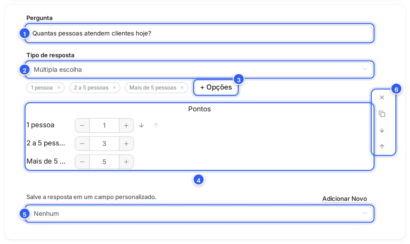Pergunta de múltipla escolha do questionário: o texto da pergunta, o Tipo de resposta, as opções com + Opções, os pontos de cada opção, o campo para salvar a resposta e os botões da pergunta.