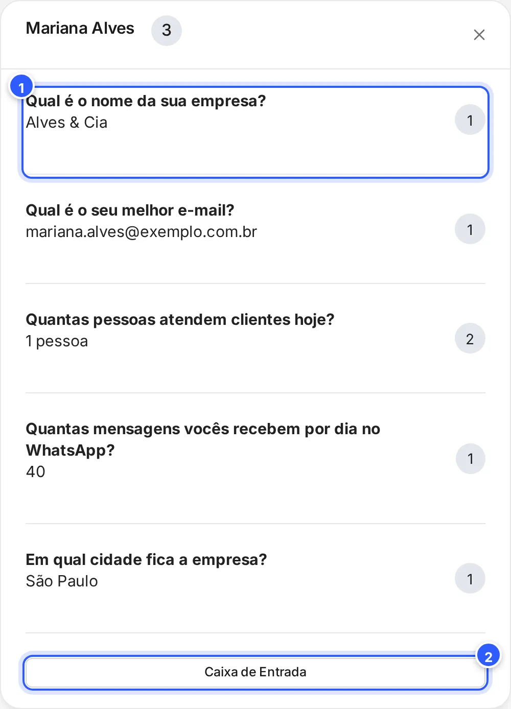 Janela com as respostas de uma pessoa ao questionário: cada pergunta com a resposta e os pontos, e o botão Caixa de Entrada.