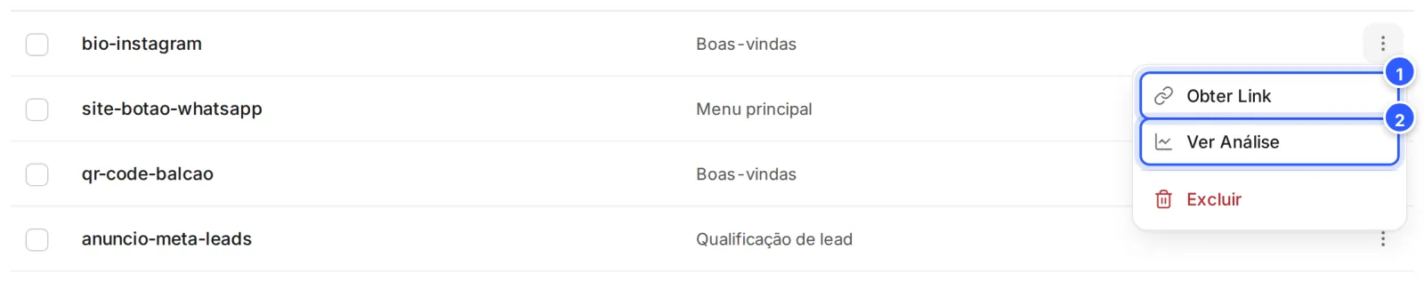 Menu de três pontos de um link de ponto de entrada aberto, com Obter Link, Ver Análise e Excluir.