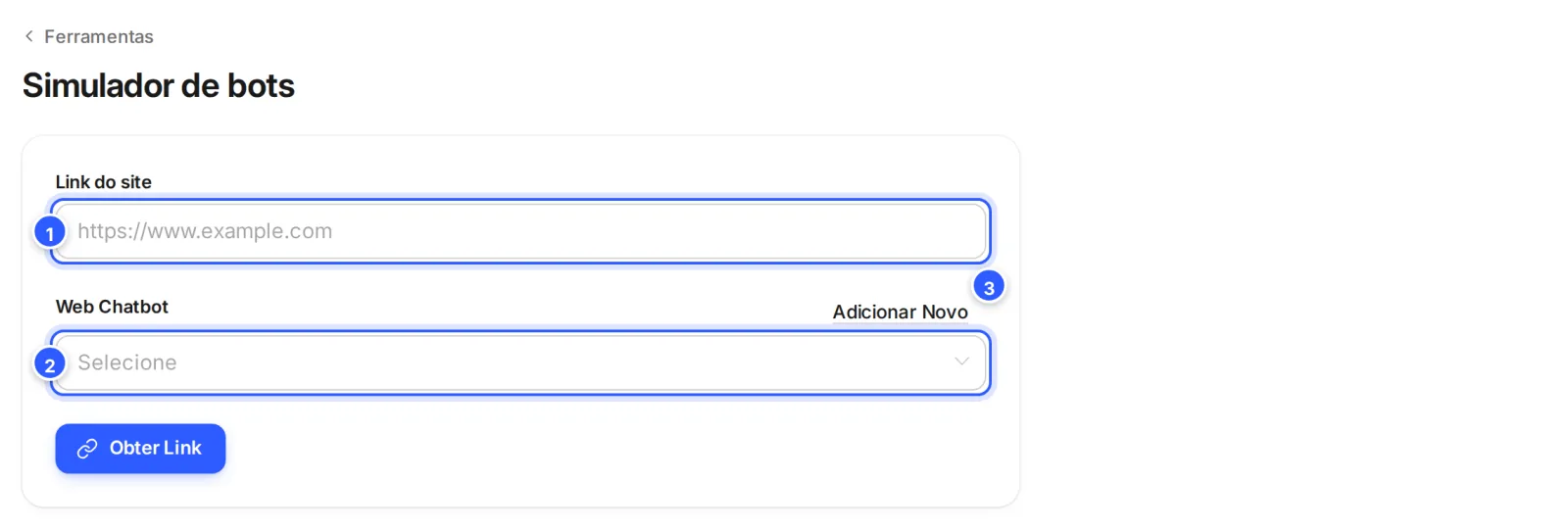 Tela Simulador de bots: o campo Link do site, a lista Web Chatbot com o atalho Adicionar Novo e o botão Obter Link.