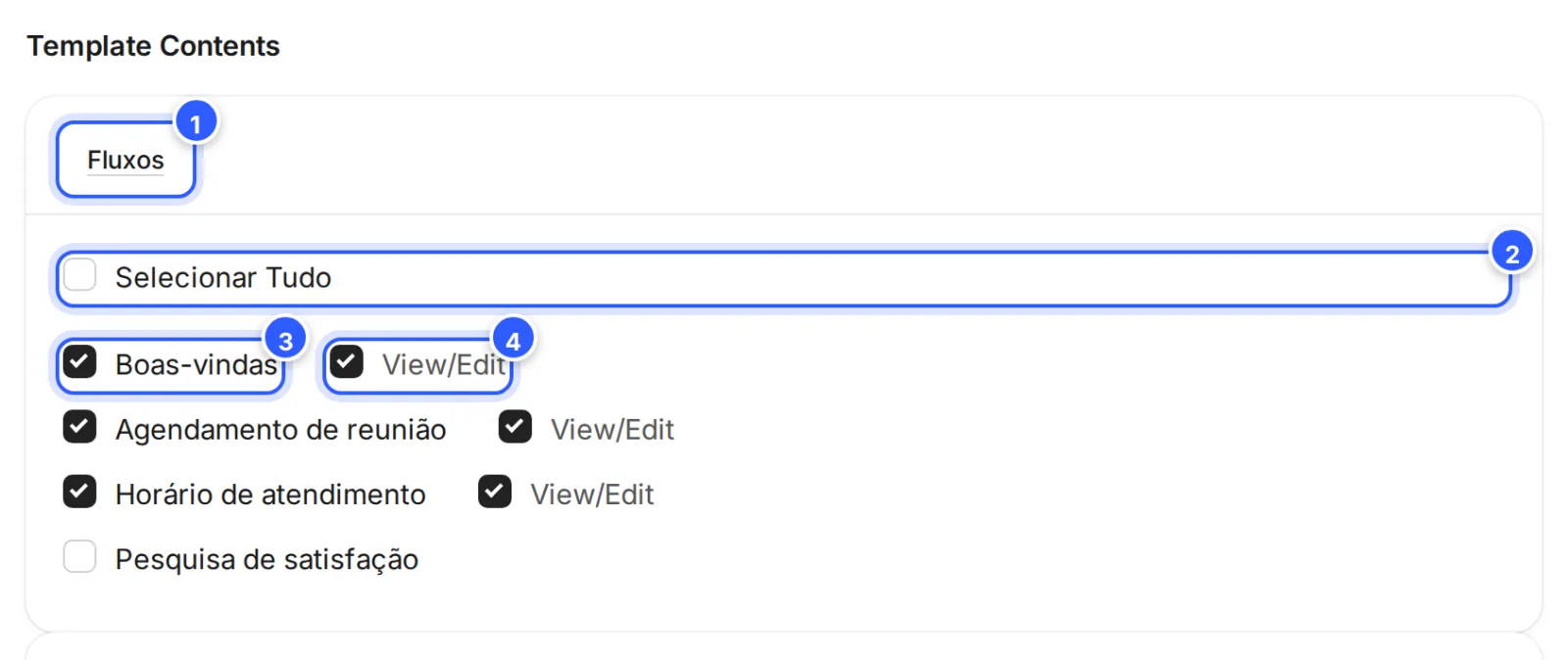 Seção Template Contents com o grupo Fluxos aberto: Selecionar Tudo, os fluxos marcados e, ao lado de cada um, View/Edit.