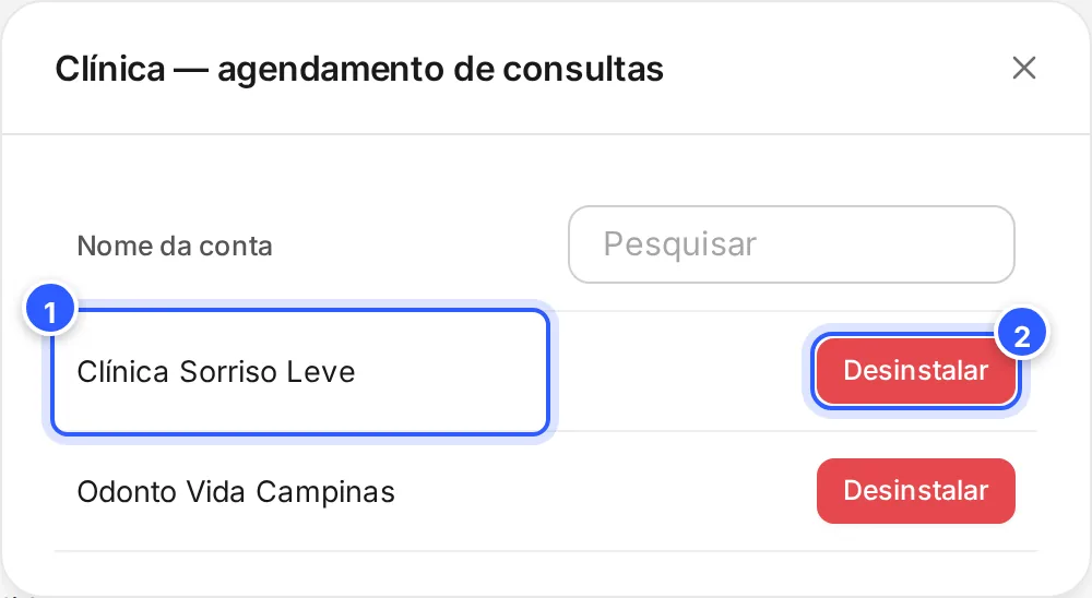 Janela com as contas onde o pacote está instalado: Nome da conta, a busca e o botão Desinstalar de cada conta.