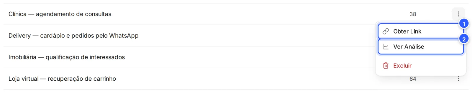 Menu de três pontos de um pacote de Templates aberto, com Obter Link, Ver Análise e Excluir.
