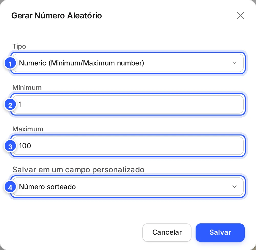 Janela Gerar Número Aleatório com o tipo Numeric (Minimum/Maximum number), mínimo 1, máximo 100 e o campo onde salvar.