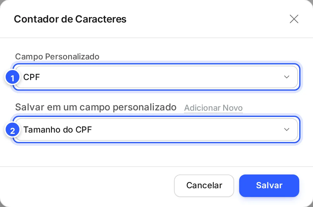 Janela Contador de Caracteres: o campo cujo texto será contado e o campo de número onde salvar o total.