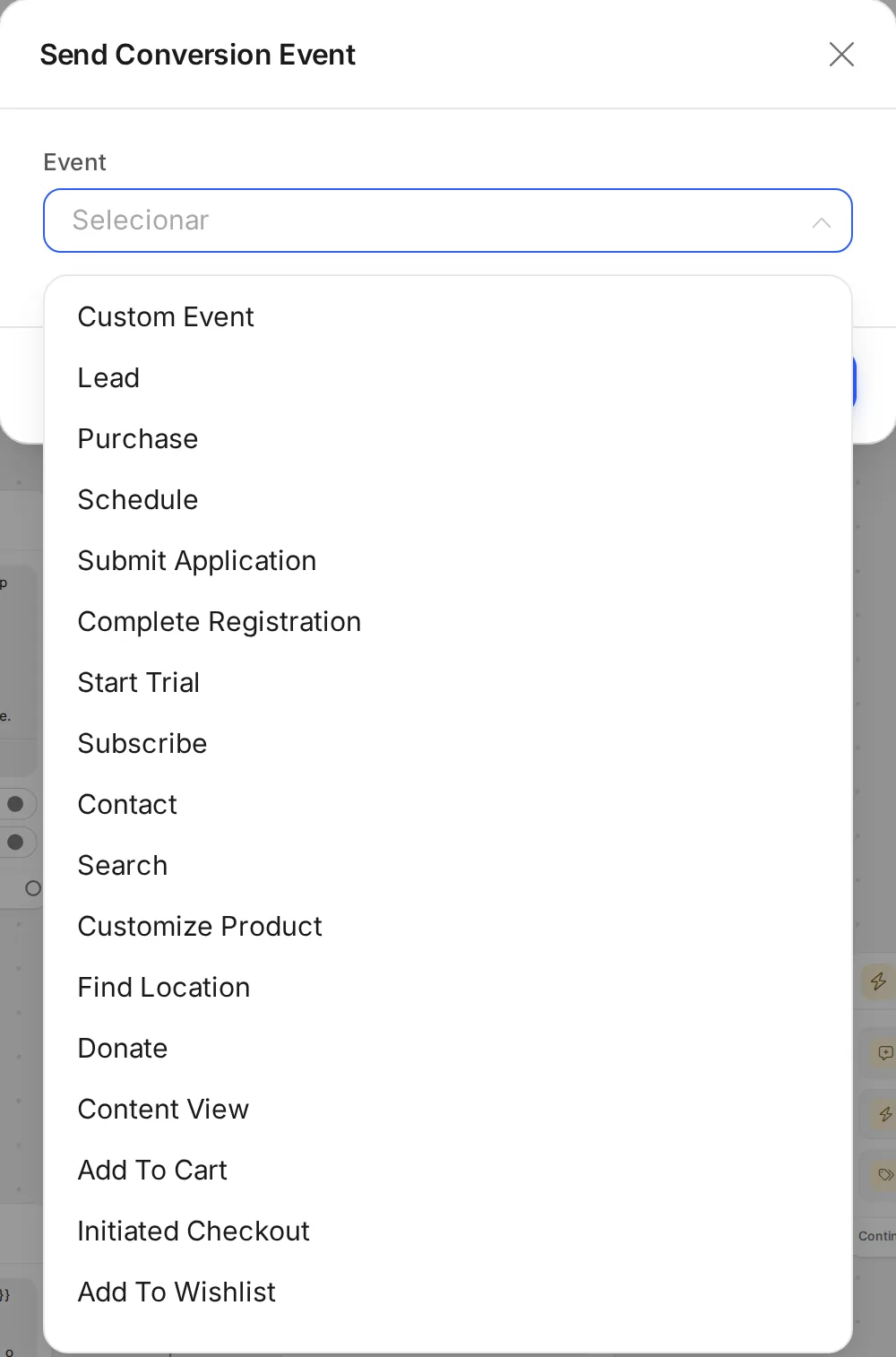 Janela Send Conversion Event da ação Enviar análises para o Facebook, com a lista de eventos aberta: Custom Event, Lead, Purchase, Schedule e outros.