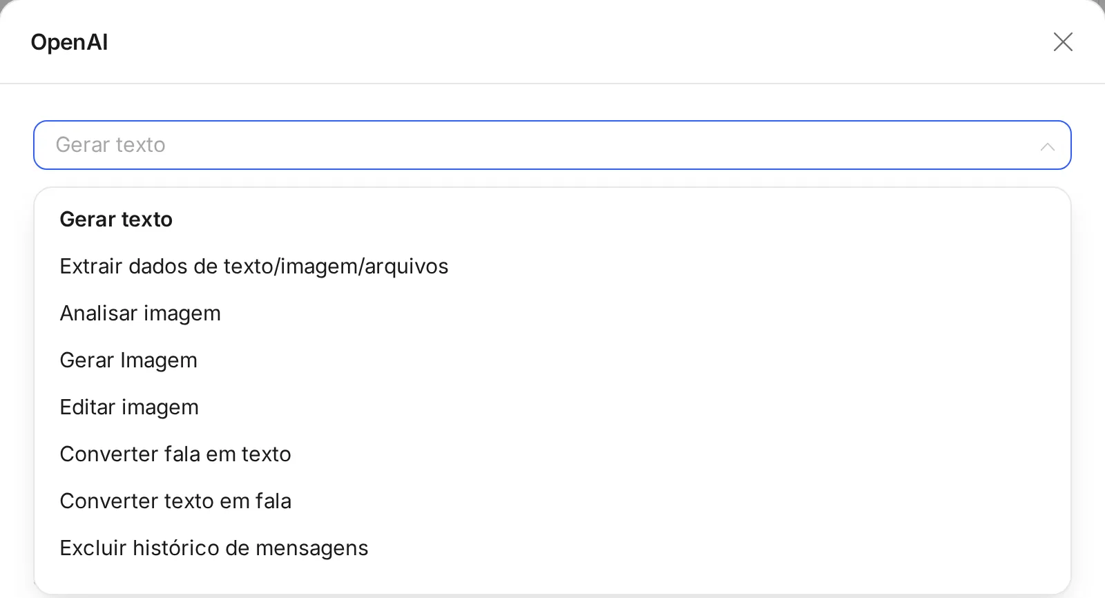 Lista do que a ação OpenAI faz: gerar texto, extrair dados, analisar, gerar e editar imagem, converter fala e texto e excluir o histórico.