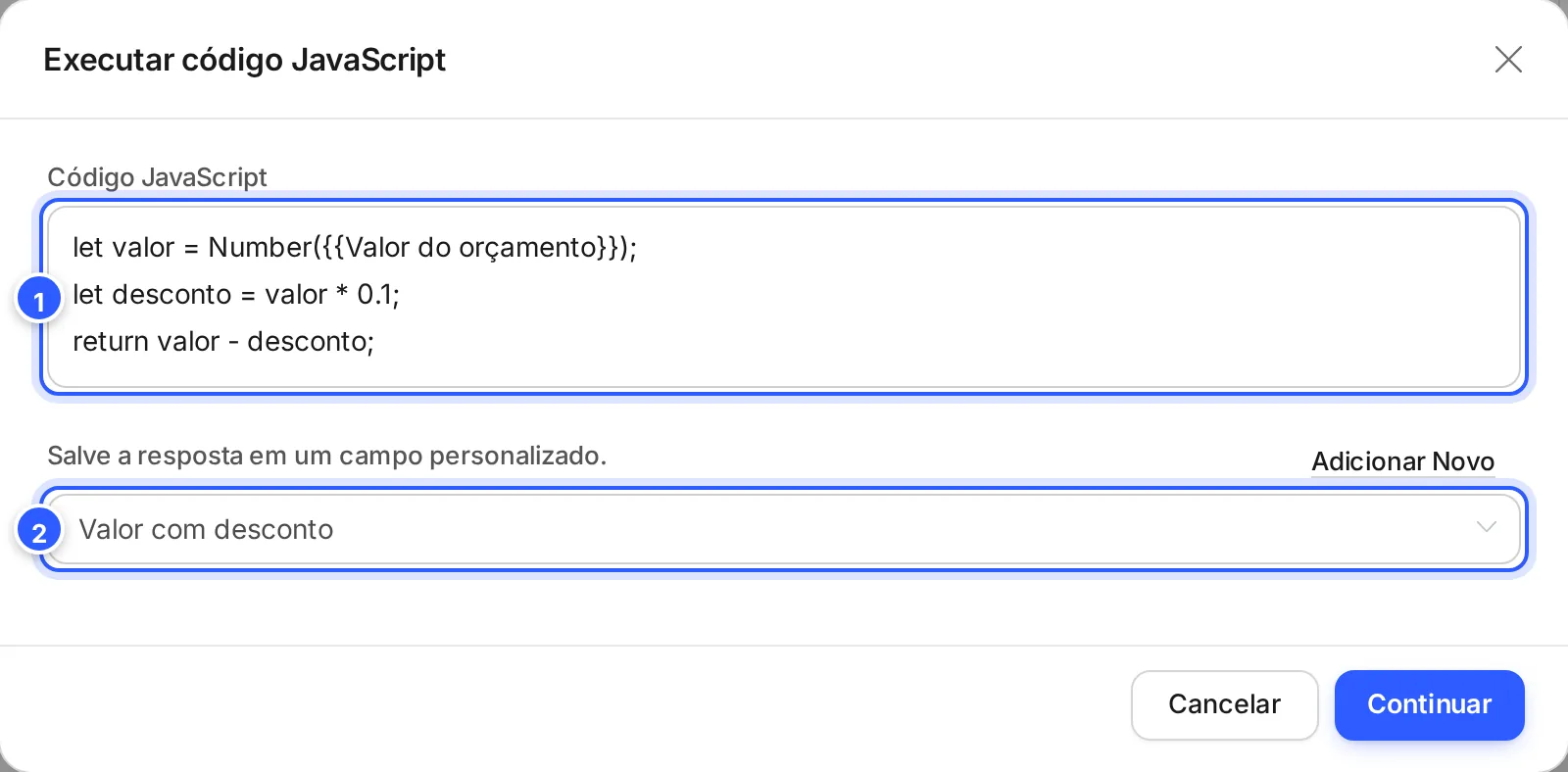 Janela Executar código JavaScript com um código que calcula 10% de desconto sobre o valor do orçamento e o campo onde salvar o resultado.