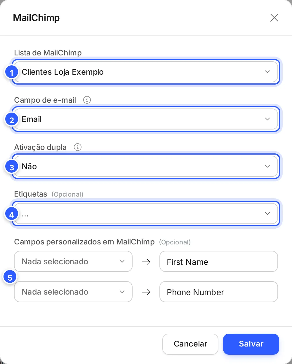Janela da ação Adicionar contato ao Mailchimp: lista do Mailchimp, campo de e-mail, ativação dupla, etiquetas e campos personalizados.