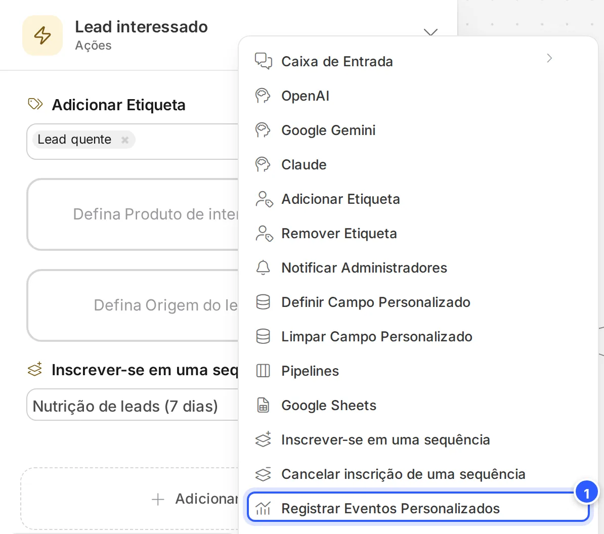 Menu Ações com Registrar Eventos Personalizados em destaque.