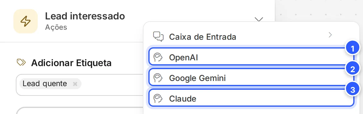 Menu Ações com as ações de IA OpenAI, Google Gemini e Claude em destaque.