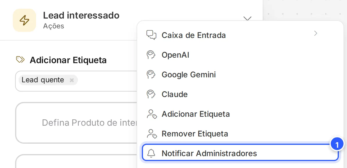 Menu Ações com Notificar Administradores em destaque.
