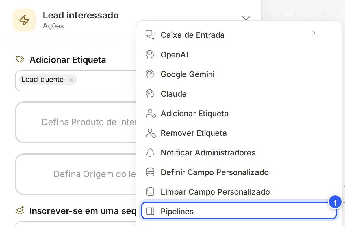 Menu Ações com a ação Pipelines em destaque.