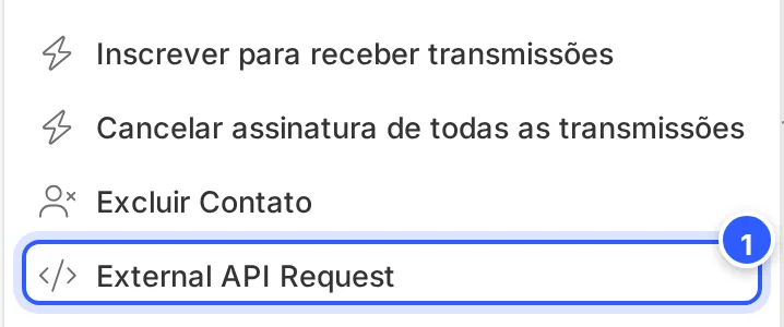 Parte de baixo da lista de ações, com External API Request em destaque.