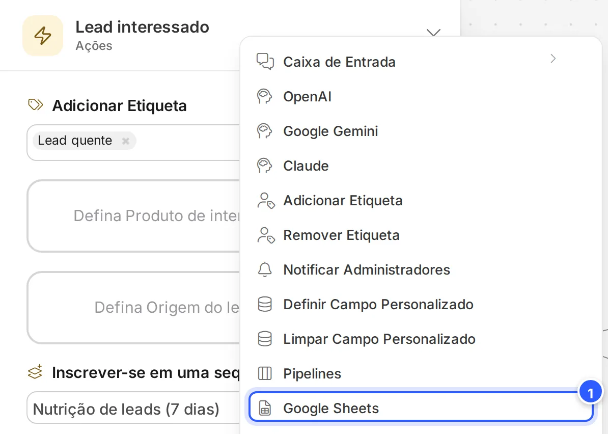 Menu Ações com a ação Google Sheets em destaque.