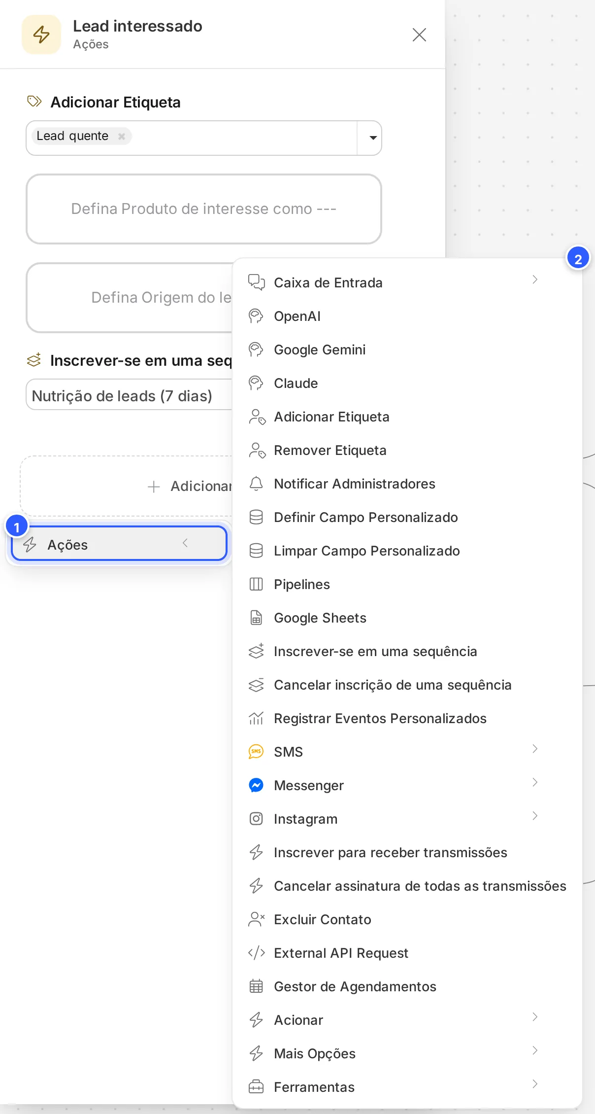 Etapa Ações aberta no editor de fluxo, com o menu Adicionar Conteúdo › Ações mostrando todas as ações disponíveis.
