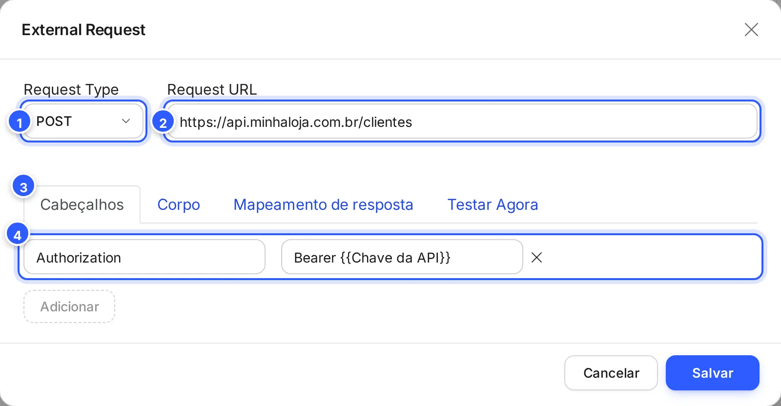 Janela External Request: tipo POST, endereço da API e, na aba Cabeçalhos, o cabeçalho Authorization com a chave guardada num campo.