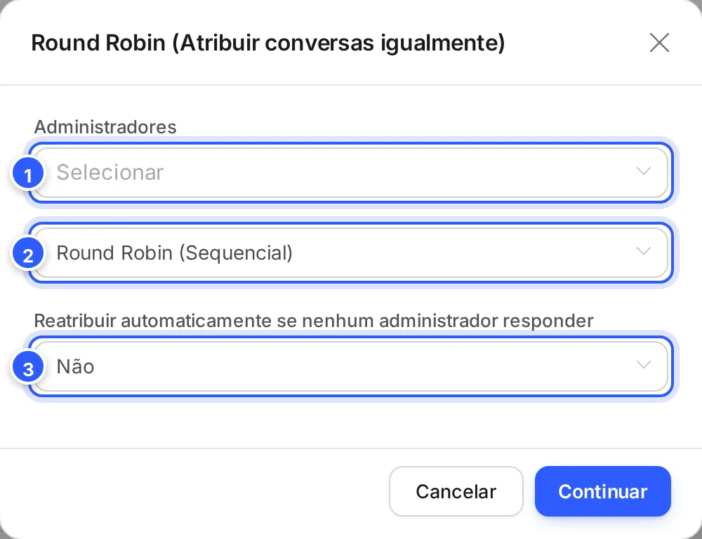 Janela Round Robin (Atribuir conversas igualmente): Administradores, a forma de distribuir e Reatribuir automaticamente se nenhum administrador responder.