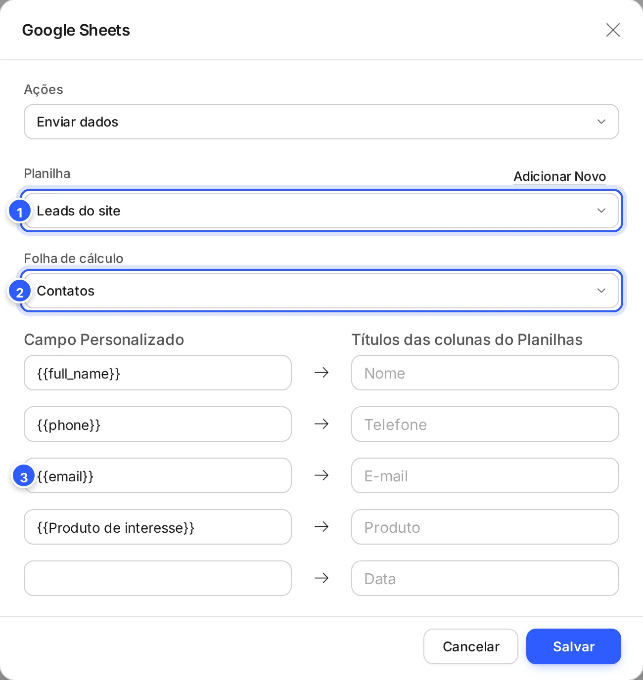 Google Sheets em Enviar dados: planilha Leads do site, folha Contatos e cada coluna da planilha com o campo do contato que vai nela.