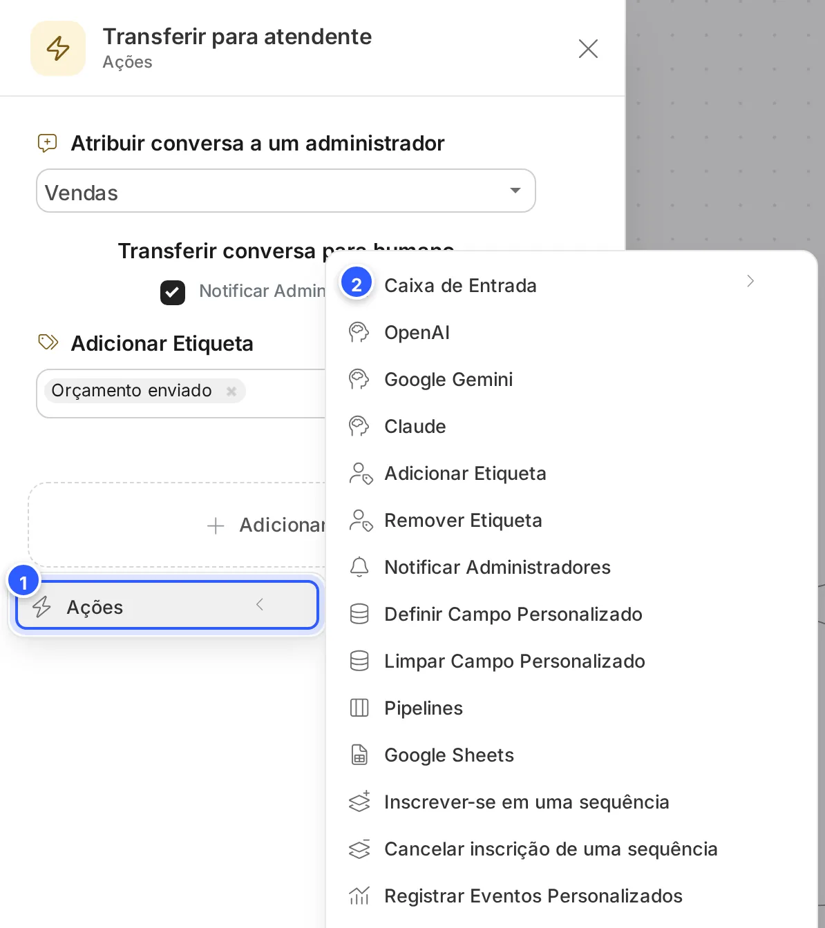 Etapa Ações aberta com o menu Adicionar Conteúdo › Ações: Caixa de Entrada, OpenAI, Google Gemini, Claude, Adicionar Etiqueta, Remover Etiqueta, Notificar Administradores, Definir Campo Personalizado e outras ações.