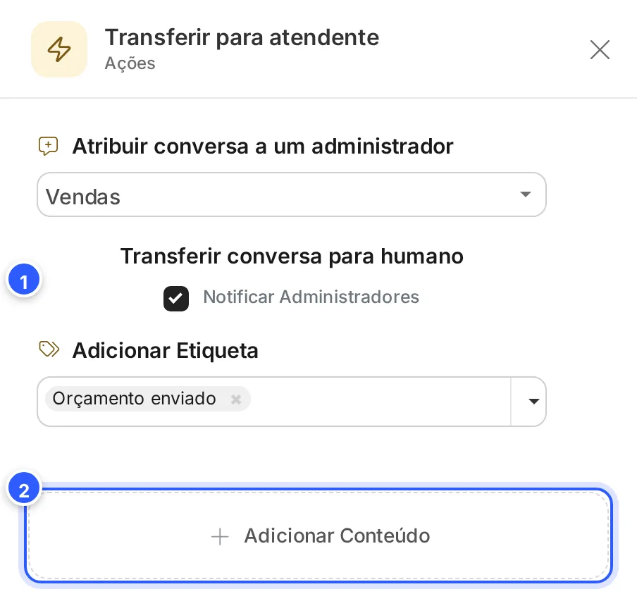 Painel da etapa Ações Transferir para atendente: atribuir a conversa à equipe Vendas, transferir a conversa para humano, adicionar a etiqueta Orçamento enviado e o botão Adicionar Conteúdo.