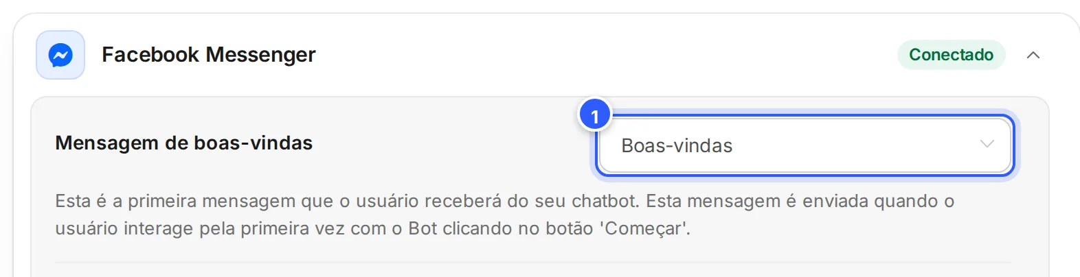 Configurações, aba Canais: Facebook Messenger aberto, com o campo Mensagem de boas-vindas e o fluxo escolhido.