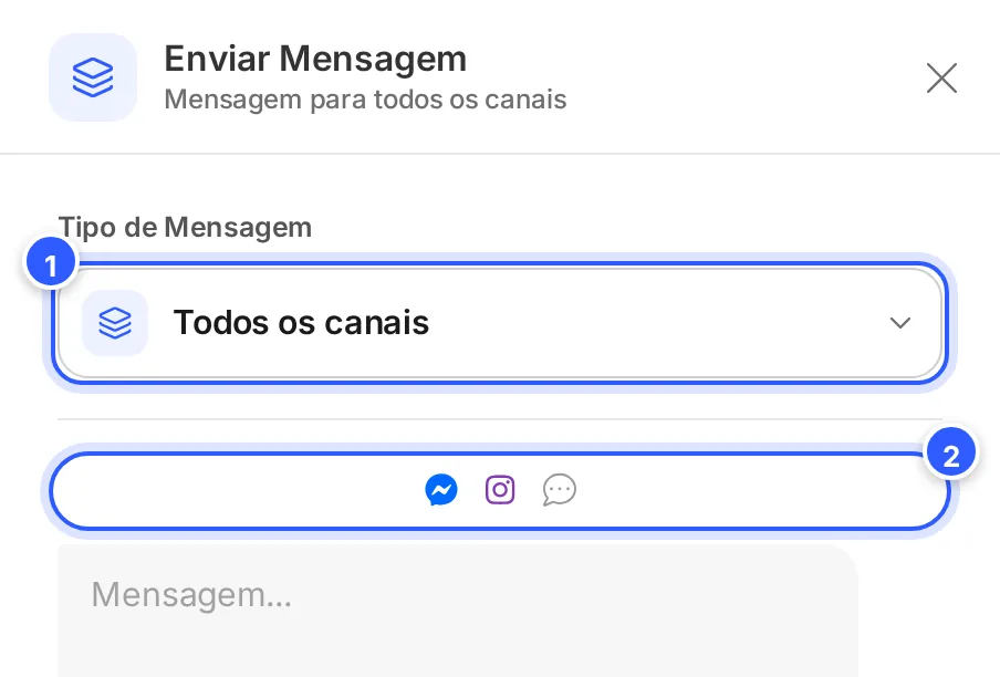 Etapa para todos os canais com um carrossel: acima da mensagem, só os ícones do Messenger, do Instagram e do webchat, os canais que aceitam esse conteúdo.