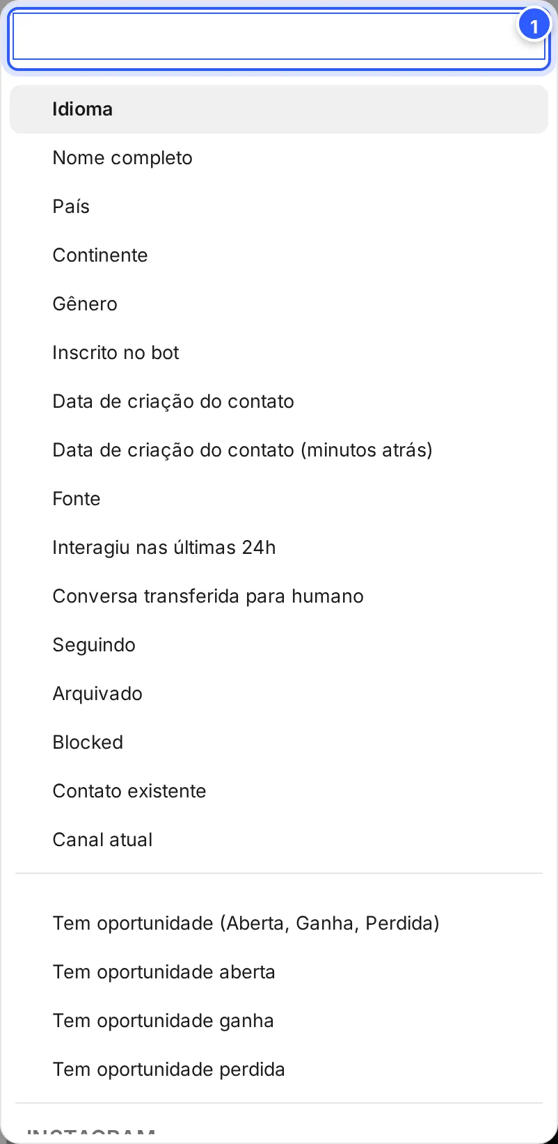 Lista de campos da condição aberta, com a busca no alto e os campos Idioma, Nome completo, País, Continente, Gênero e outros.