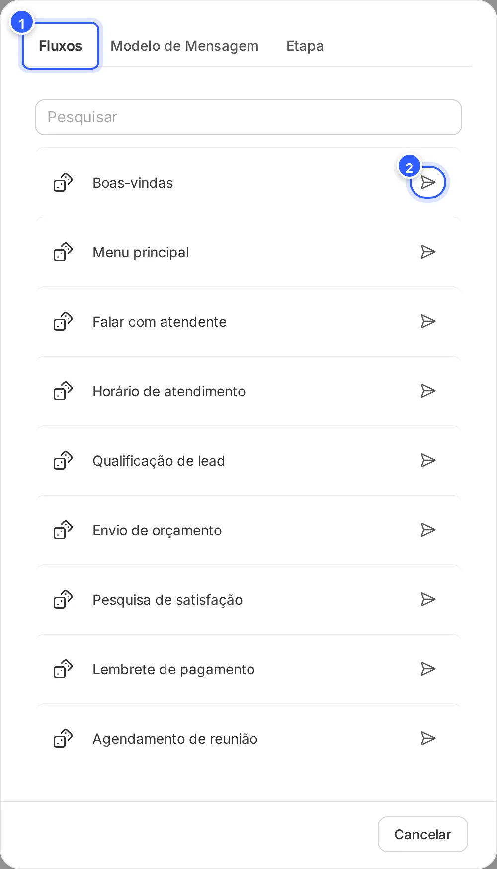 Janela Enviar Fluxo da Caixa de Entrada, na aba Fluxos, com a lista dos fluxos que têm o interruptor Caixa de Entrada ligado.