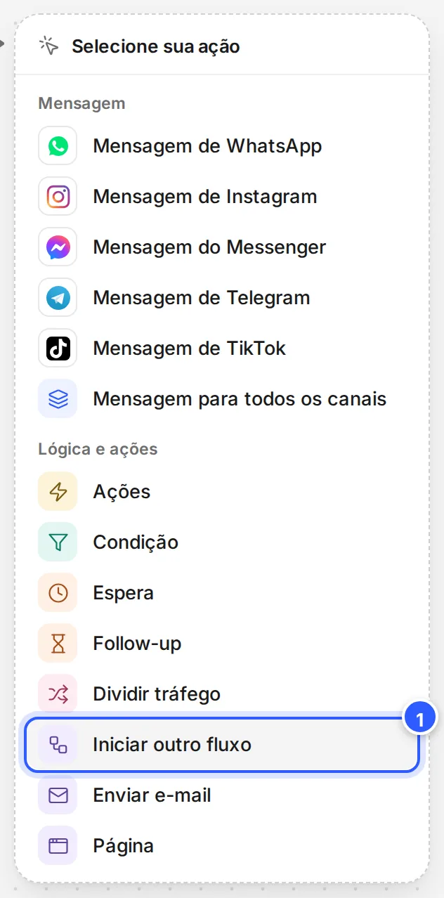 Lista Selecione sua ação com Iniciar outro fluxo em destaque, no grupo Lógica e ações.