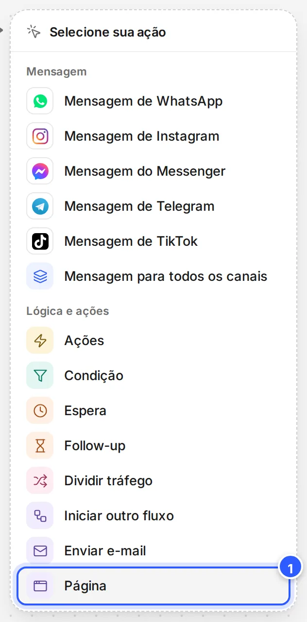 Lista Selecione sua ação com Página em destaque, a última do grupo Lógica e ações.