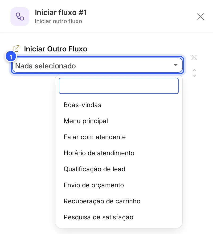Painel da etapa Iniciar fluxo com o campo Iniciar Outro Fluxo aberto, a busca e a lista de fluxos da conta.