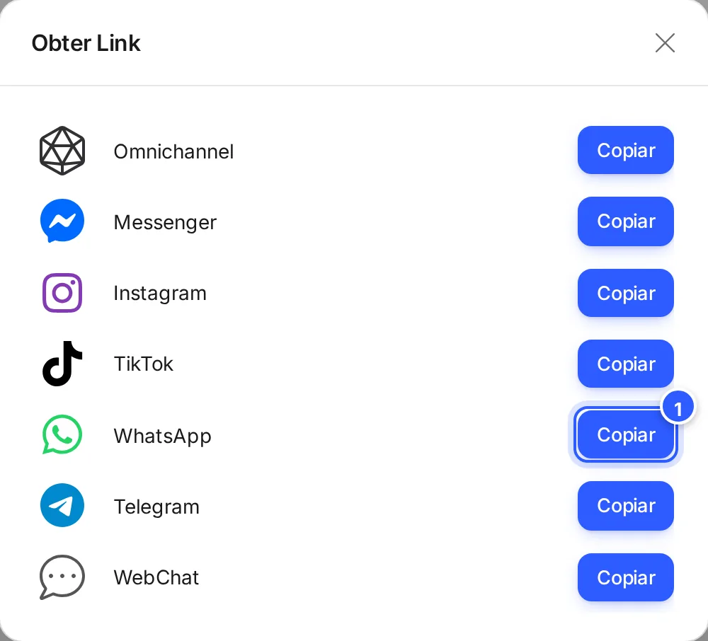 Janela Obter Link com um link para cada canal conectado: Omnichannel, Messenger, Instagram, TikTok, WhatsApp, Telegram e WebChat, cada um com o botão Copiar.