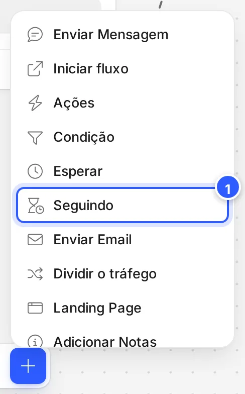 Menu do botão + da barra de baixo do editor, com Seguindo em destaque, entre Esperar e Enviar Email.