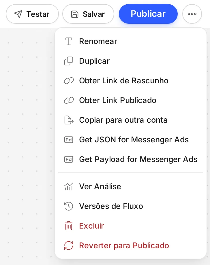 Menu de mais opções do editor de fluxo aberto, com Renomear, Duplicar, Obter Link de Rascunho, Obter Link Publicado, Copiar para outra conta, Get JSON for Messenger Ads, Get Payload for Messenger Ads, Ver Análise, Versões de Fluxo, Excluir e Reverter para Publicado.