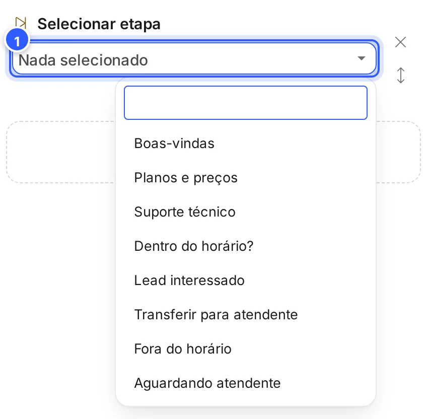 Ação Iniciar Outra Etapa numa etapa Ações, com o campo Selecionar etapa aberto e a lista das etapas do fluxo.