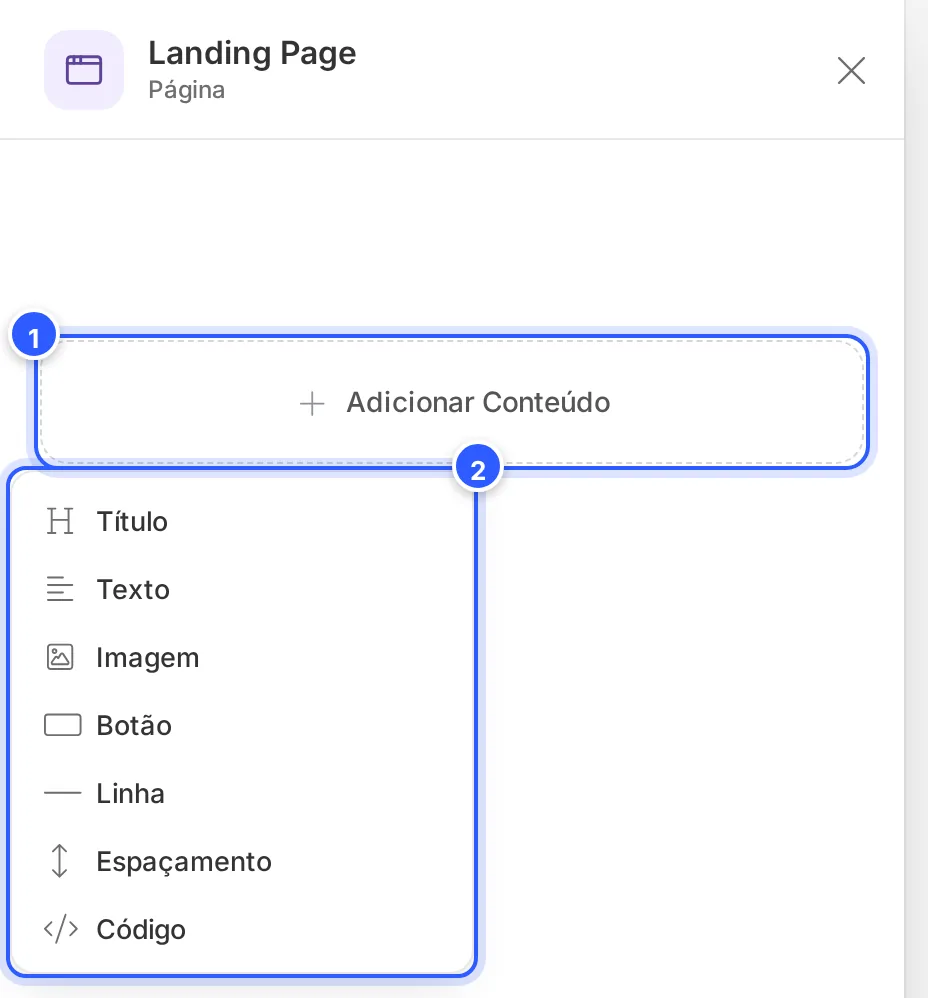 Etapa Landing Page aberta com o menu Adicionar Conteúdo: Título, Texto, Imagem, Botão, Linha, Espaçamento e Código.