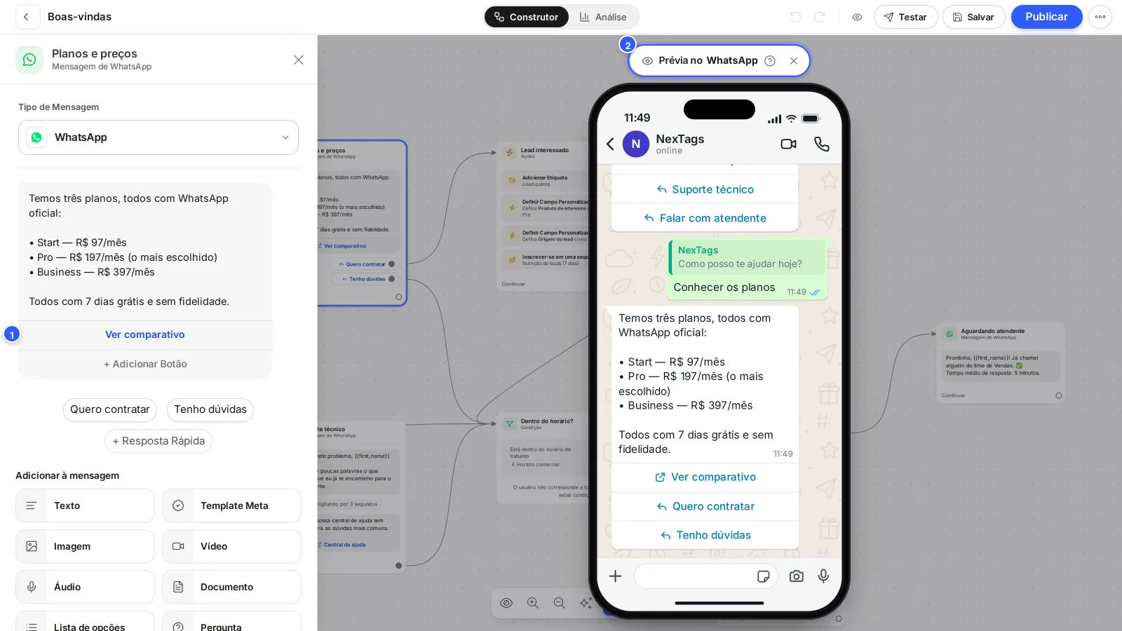 Etapa Planos e preços aberta: à esquerda, o painel com a mensagem e os atalhos de conteúdo; à direita, a prévia no celular com a conversa até essa etapa.